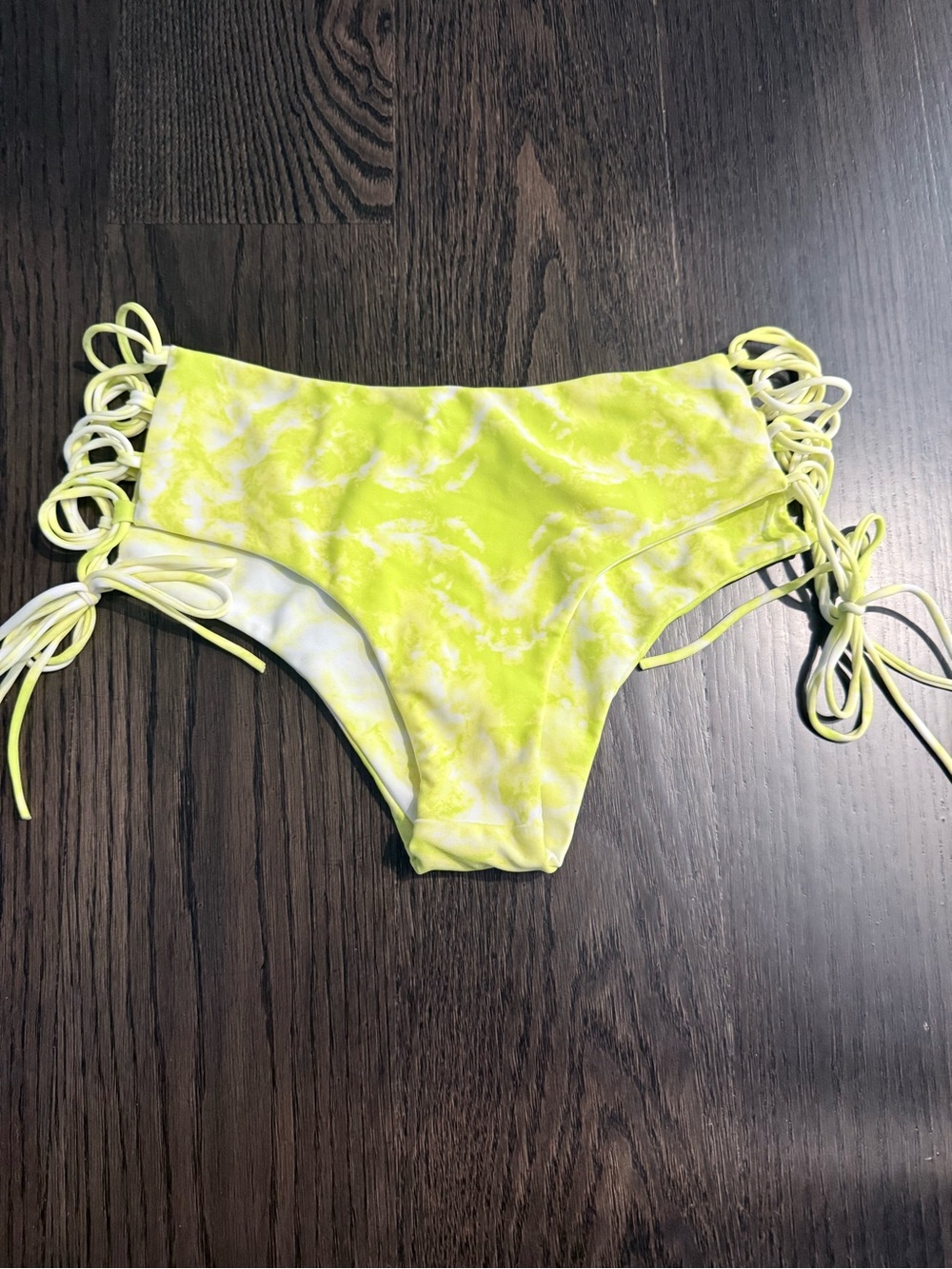 $90 Mikoh Bikini Bottom Yellow Lime Green string Ties On Sides Size medium